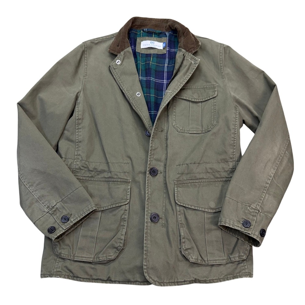 Peter Manning Field Jacket Mens Med Olive Green Cotton Plaid Lined Utility Coat